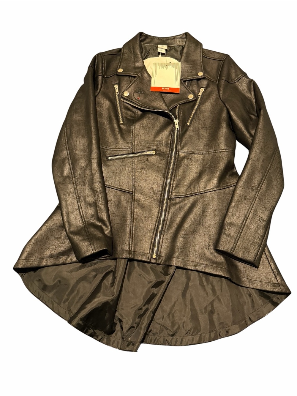 Umbrella Academy Black Faux-Leather High-Low Moto Jacket, NWT,SZ Large